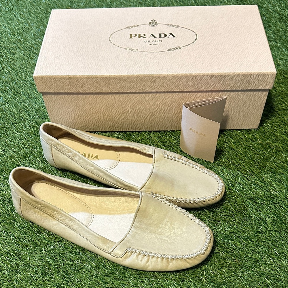 Prada Women's Cream Leather Loafers 37.5 EU
